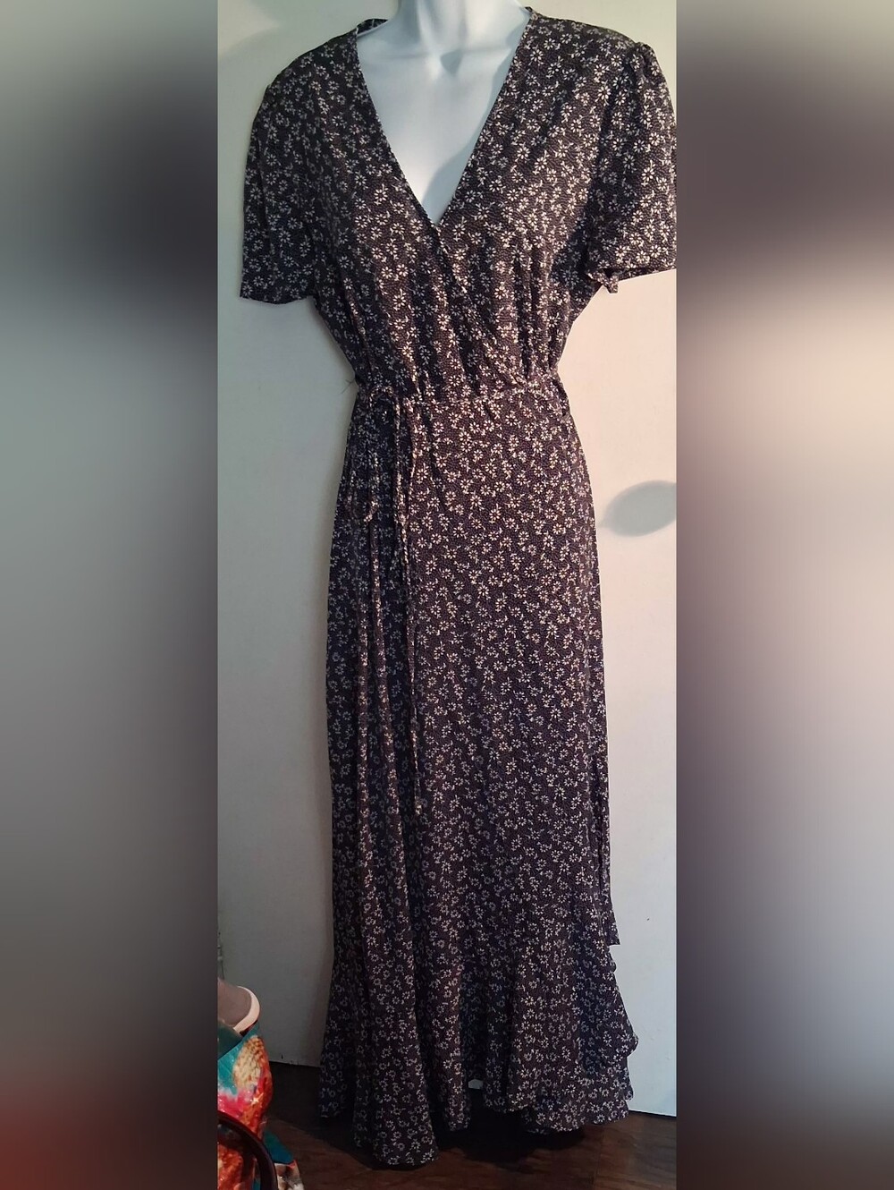 Black Floral Wrap Maxi Dress with Tie Waist